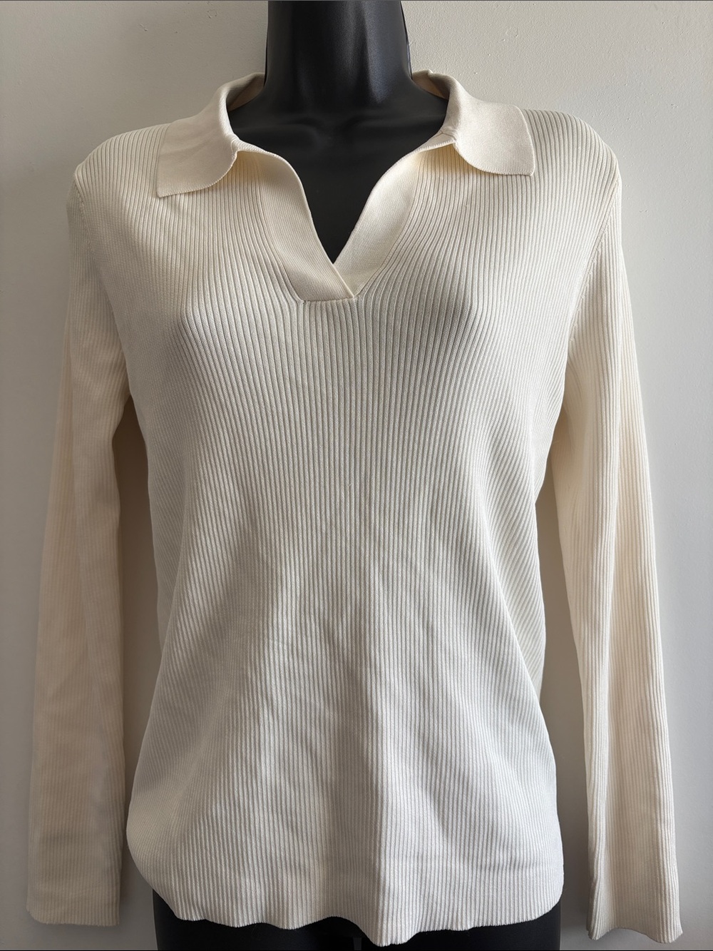 Lauren Ralph Lauren  Black Label Cream Ribbed V-Notch Polo Long Sleeve Top SZ XL